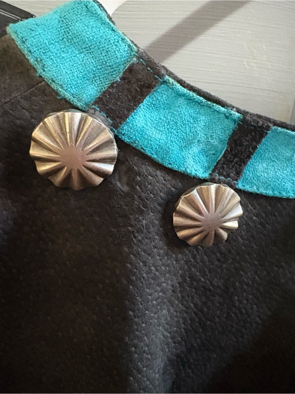 Black Leather Shawl with Turquoise accents and studding - Picture 4 of 8